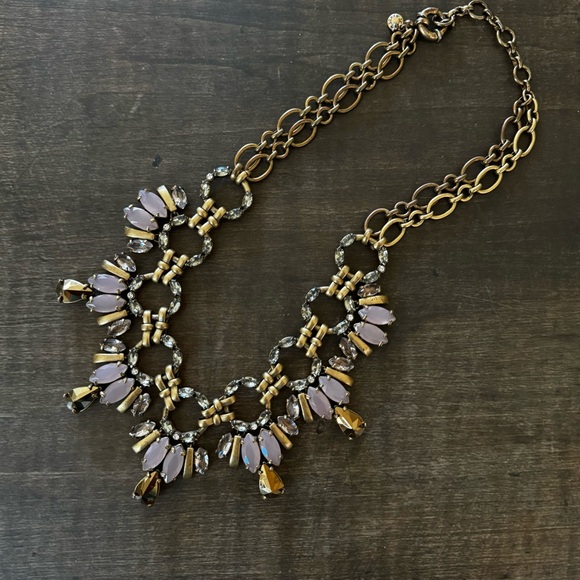 J. Crew Flower Statement Necklace Brass Tone with Clear, Gold and Pink Stones - Picture 6 of 7